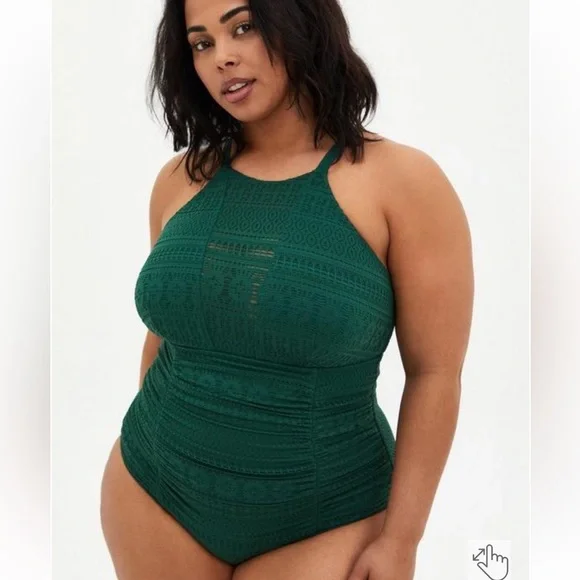 torrid | Swim | Torrid Olive Crochet High Neck Onepiece
